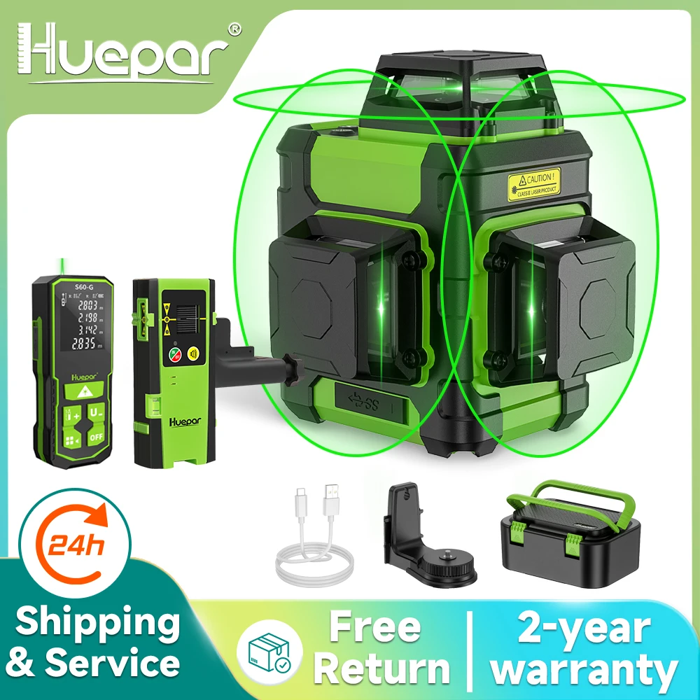 Green Beam Laser Level 12 Line - Huepar HM03CG レーザーレベルグリーンビーム 12 ラインセルフレベリングクロスラインツール、距離計 &