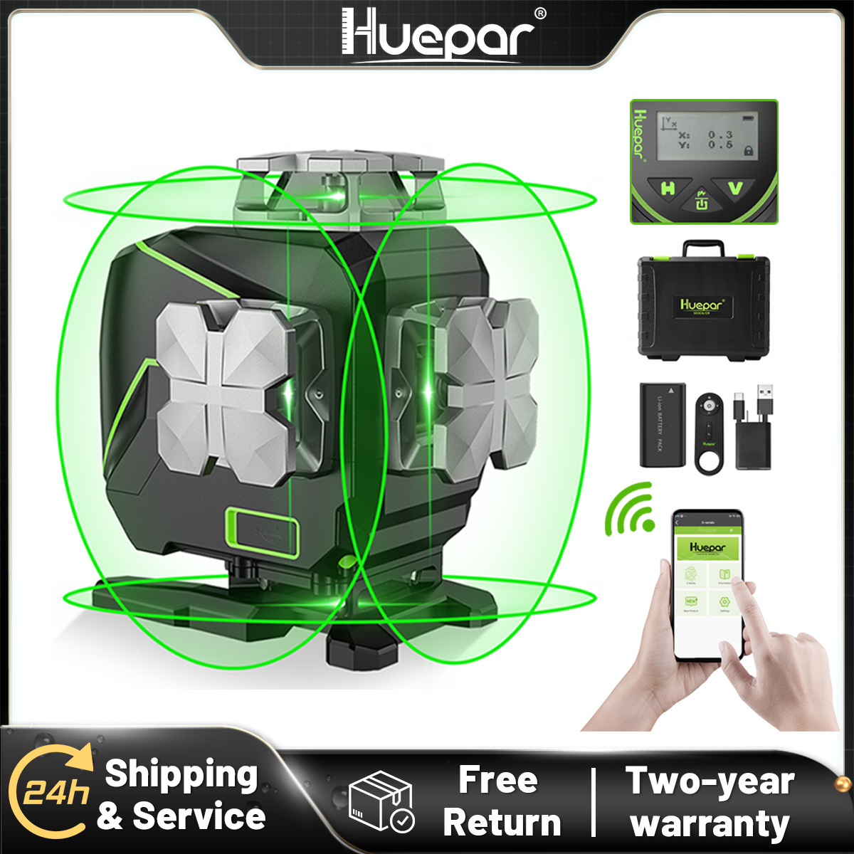 Laser Level With Receiver Detector - Huepar S04CG-A 16ライン 4Dクロスラインレーザーレベル Bluetooth＆リモコン機能付き グリーンビームライン