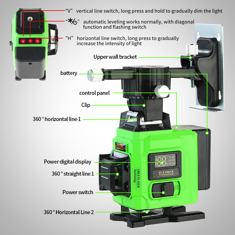 Laser Level Outdoor Bright Green - 卸売グリーンレーザーレベル - 4D 16ラインデジタルディスプレイ自動水平調整屋外高輝度レーザーレベラー